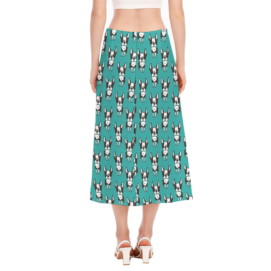 Cartoon Boston Terrier Pattern Print Side Slit Midi Skirt