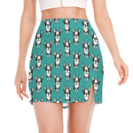 Cartoon Boston Terrier Pattern Print Side Slit Mini Skirt