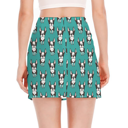 Cartoon Boston Terrier Pattern Print Side Slit Mini Skirt