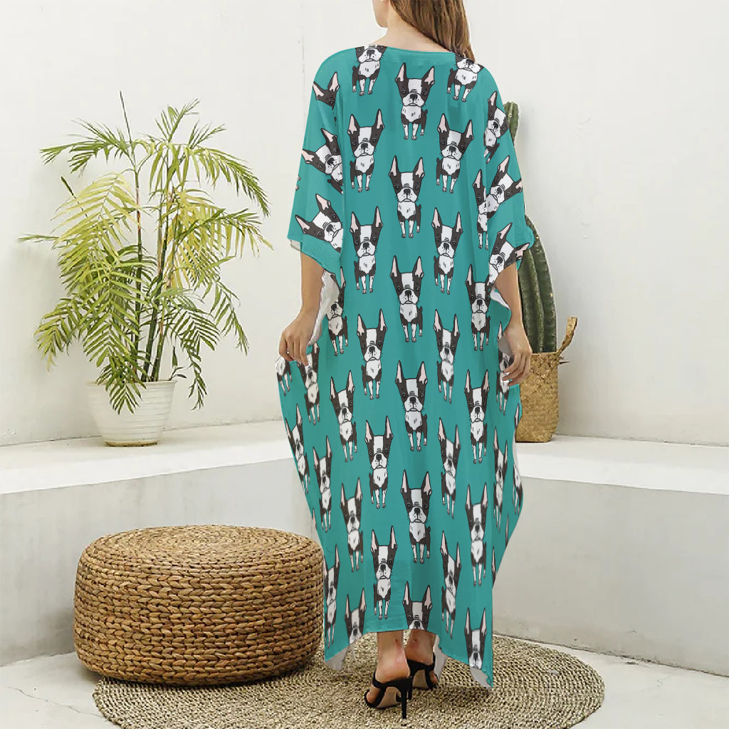Cartoon Boston Terrier Pattern Print Silk V-Neck Kaftan Dress