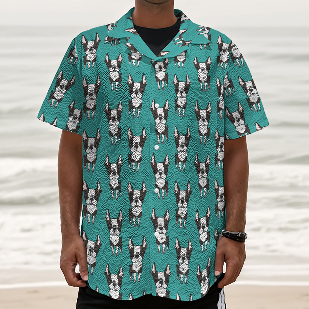 Cartoon Boston Terrier Pattern Print Textured Short Sleeve Shirt