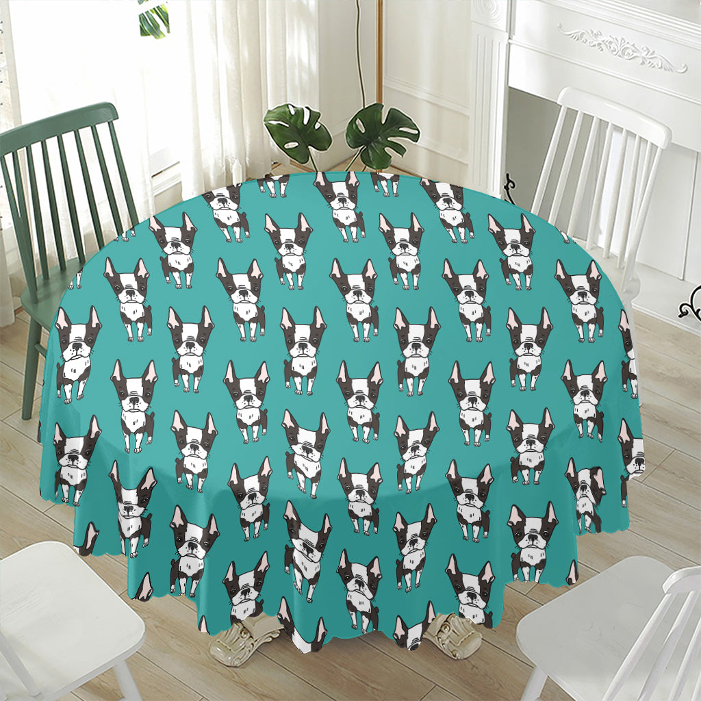 Cartoon Boston Terrier Pattern Print Waterproof Round Tablecloth