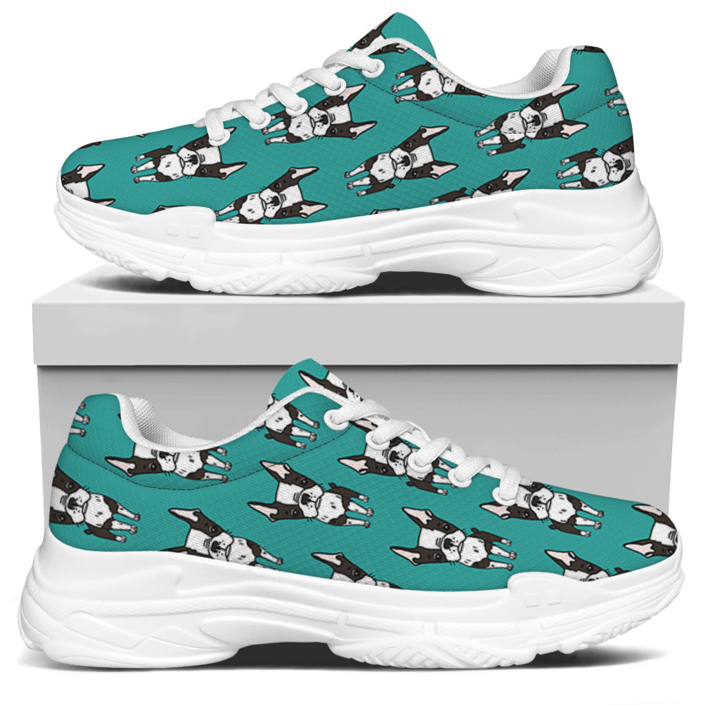 Cartoon Boston Terrier Pattern Print White Chunky Shoes