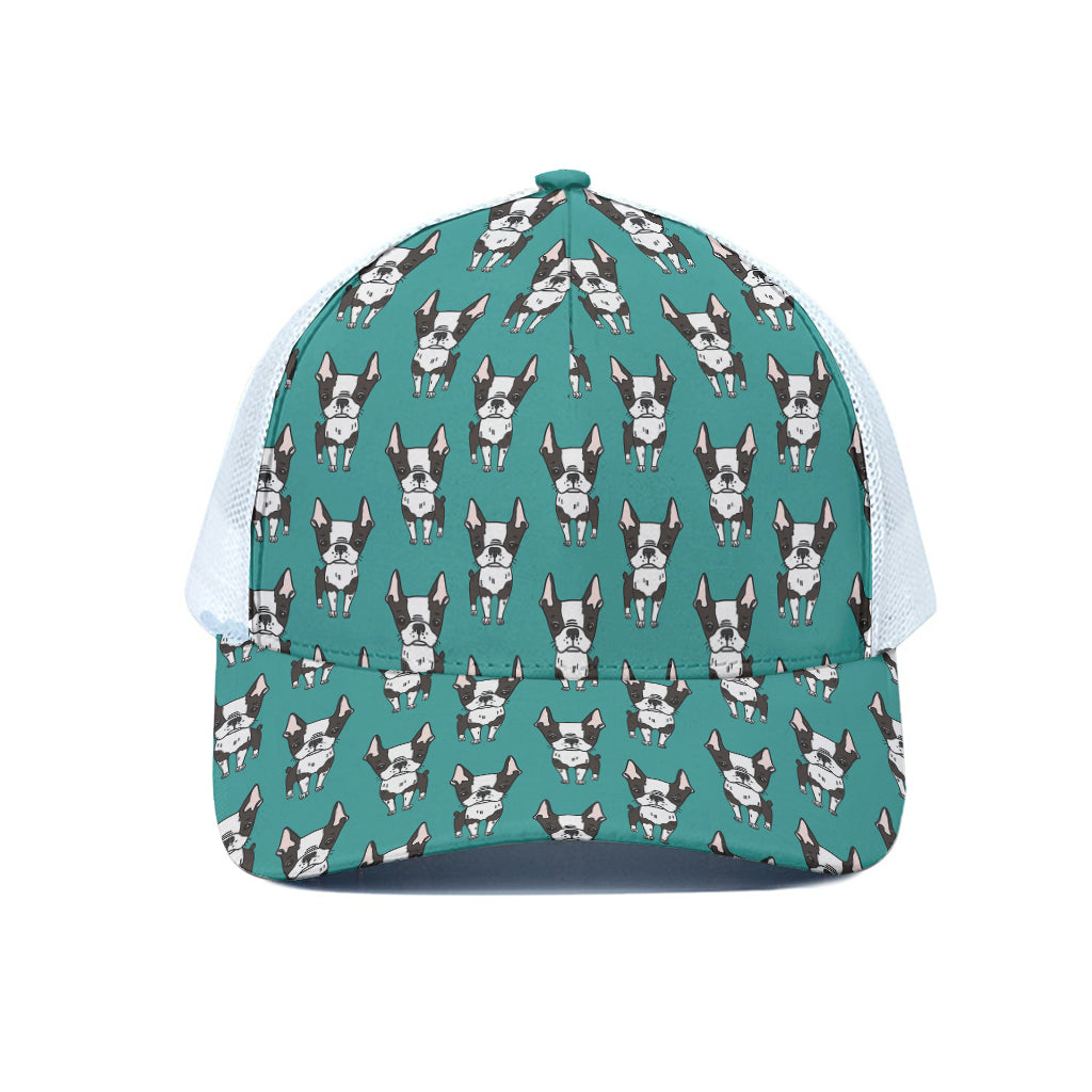 Cartoon Boston Terrier Pattern Print White Mesh Trucker Cap