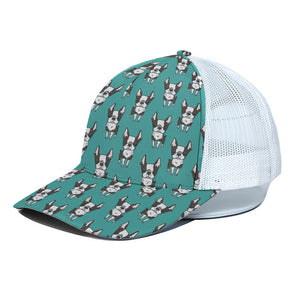 Cartoon Boston Terrier Pattern Print White Mesh Trucker Cap