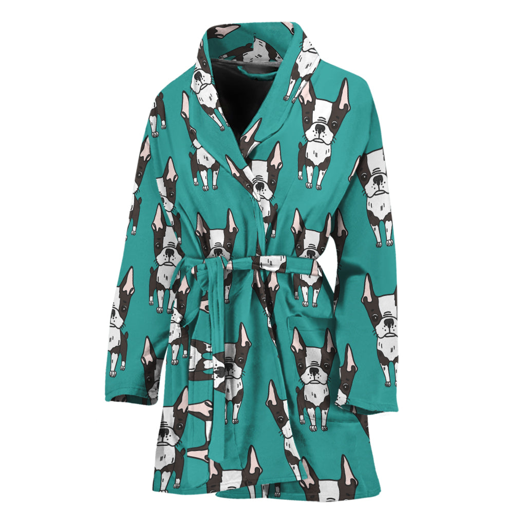 Cartoon Boston Terrier Pattern Print Women's Bathrobe