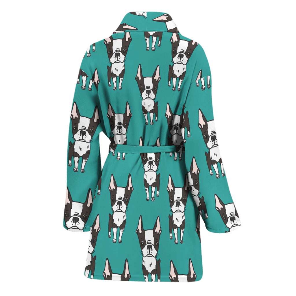 Cartoon Boston Terrier Pattern Print Women's Bathrobe