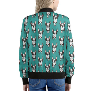 Cartoon Boston Terrier Pattern Print Women's Bomber Jacket