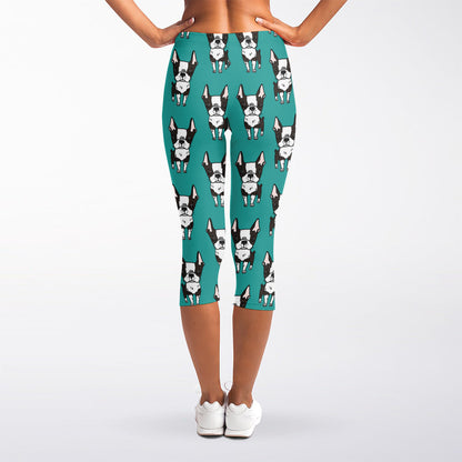 Cartoon Boston Terrier Pattern Print Women's Capri Leggings