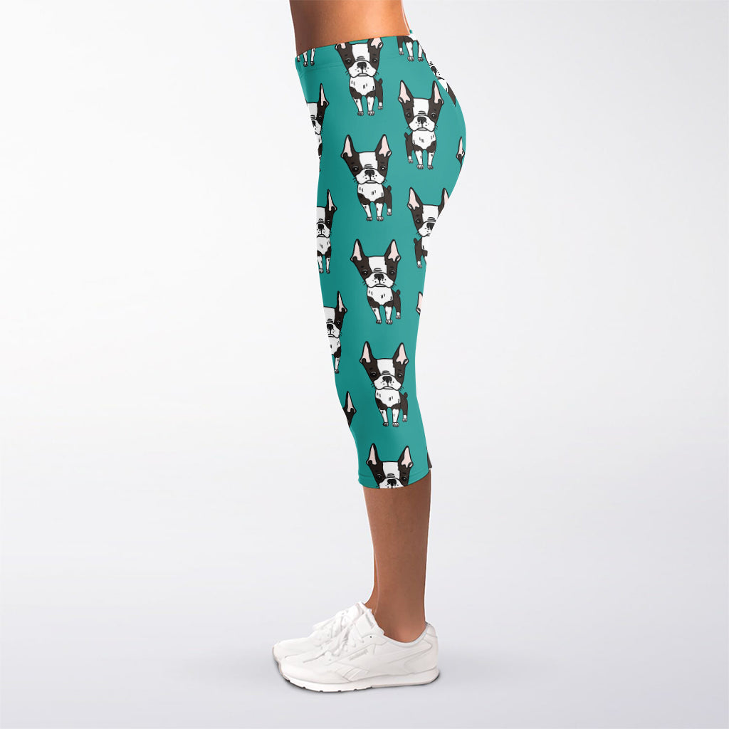 Cartoon Boston Terrier Pattern Print Women's Capri Leggings