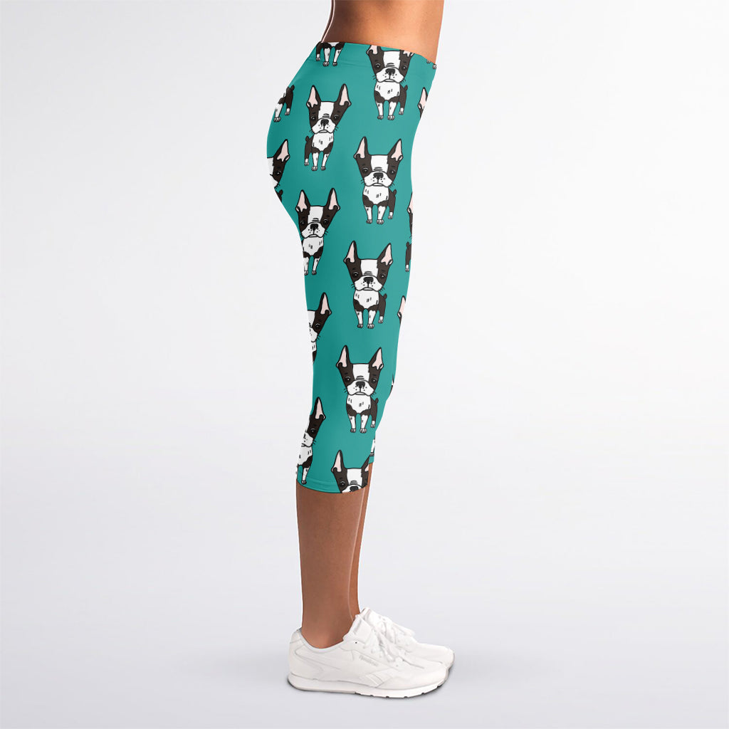 Cartoon Boston Terrier Pattern Print Women's Capri Leggings