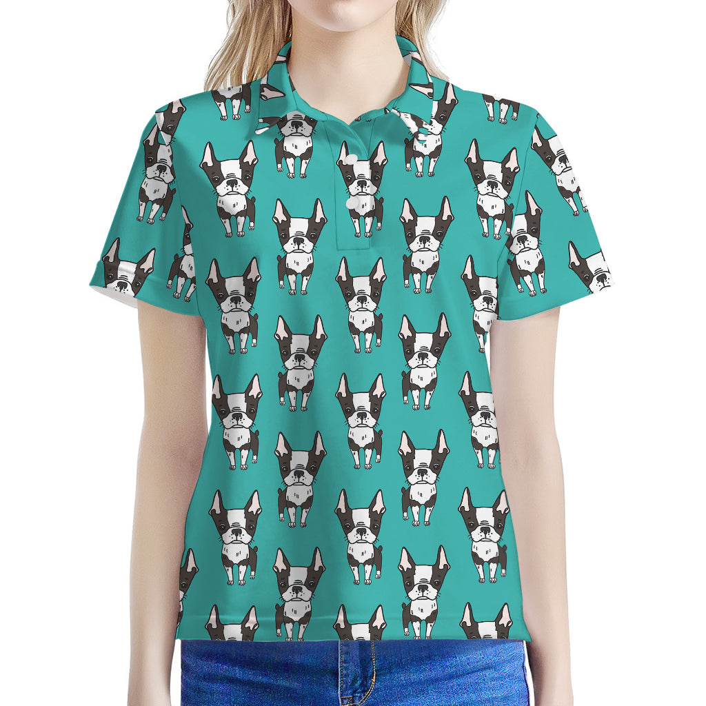 Cartoon Boston Terrier Pattern Print Women's Polo Shirt