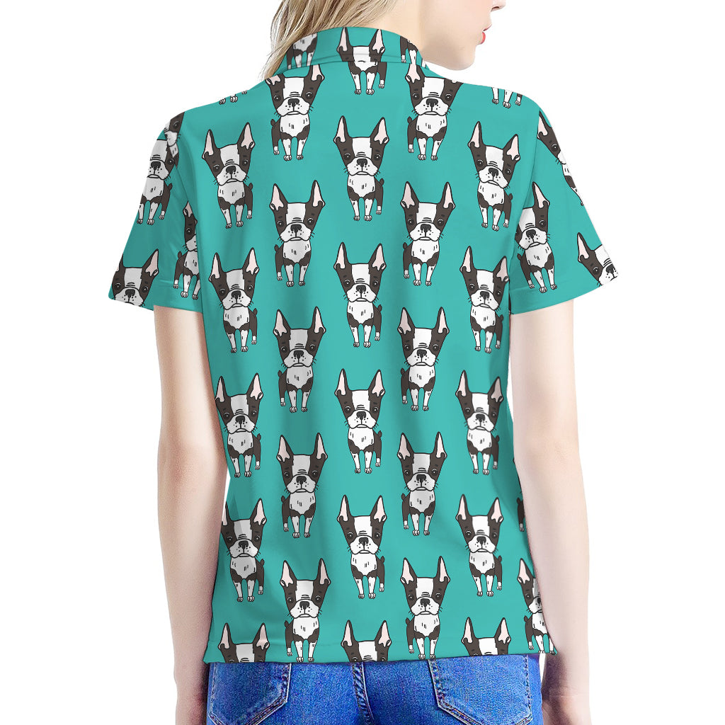 Cartoon Boston Terrier Pattern Print Women's Polo Shirt