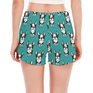 Cartoon Boston Terrier Pattern Print Women's Split Running Shorts