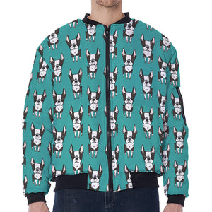 Cartoon Boston Terrier Pattern Print Zip Sleeve Bomber Jacket