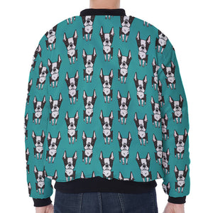 Cartoon Boston Terrier Pattern Print Zip Sleeve Bomber Jacket