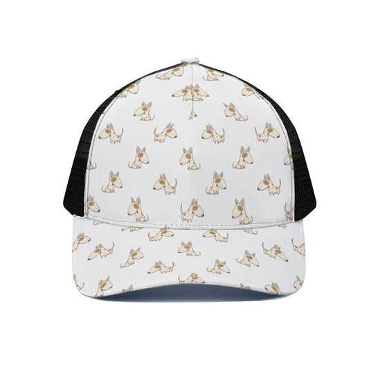 Cartoon Bull Terrier Pattern Print Black Mesh Trucker Cap