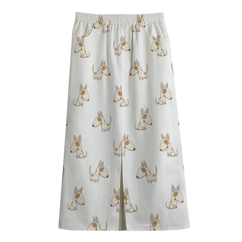 Cartoon Bull Terrier Pattern Print Cotton Front Slit Maxi Skirt