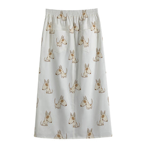 Cartoon Bull Terrier Pattern Print Cotton Front Slit Maxi Skirt