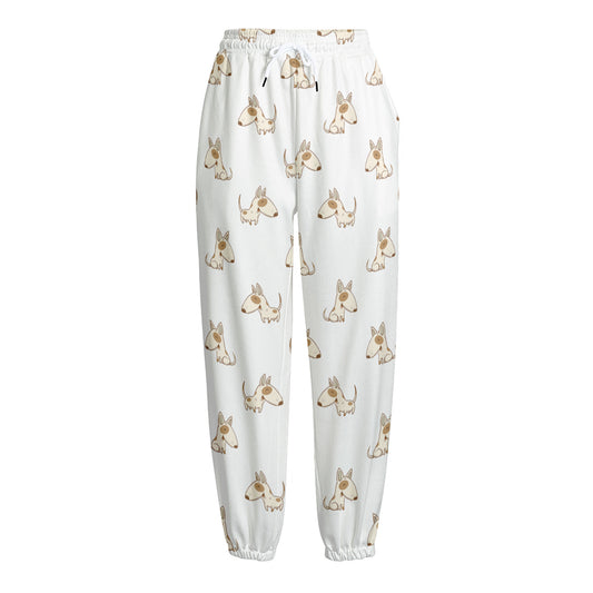 Cartoon Bull Terrier Pattern Print Fleece Lined Knit Pants