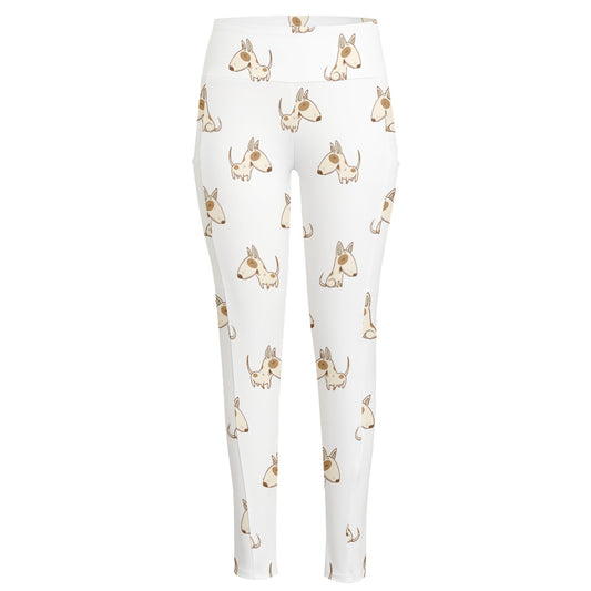 Cartoon Bull Terrier Pattern Print High-Waisted Pocket Leggings