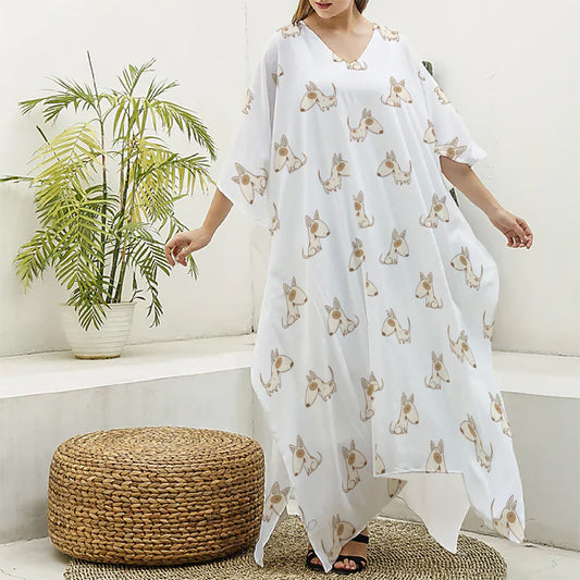 Cartoon Bull Terrier Pattern Print Silk V-Neck Kaftan Dress