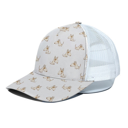 Cartoon Bull Terrier Pattern Print White Mesh Trucker Cap
