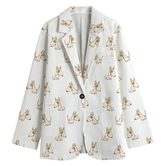 Cartoon Bull Terrier Pattern Print Women's Cotton Blazer