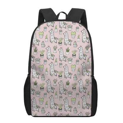 Cartoon Cactus And Llama Pattern Print 17 Inch Backpack
