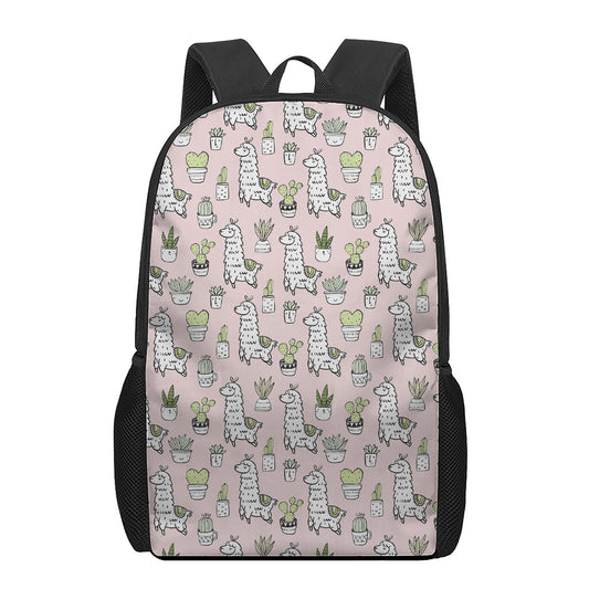 Cartoon Cactus And Llama Pattern Print 17 Inch Backpack