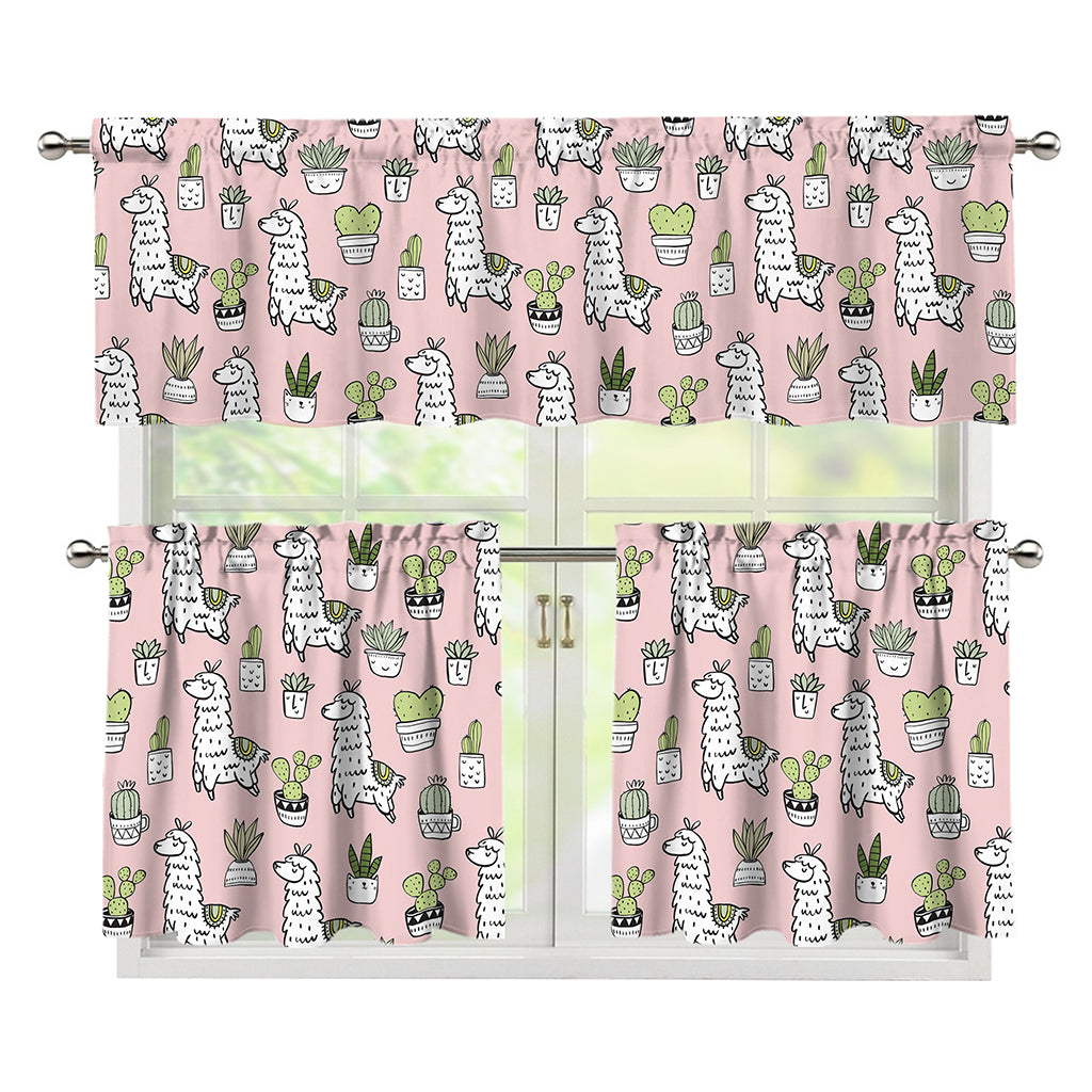 Cartoon Cactus And Llama Pattern Print 3 Piece Kitchen Curtains