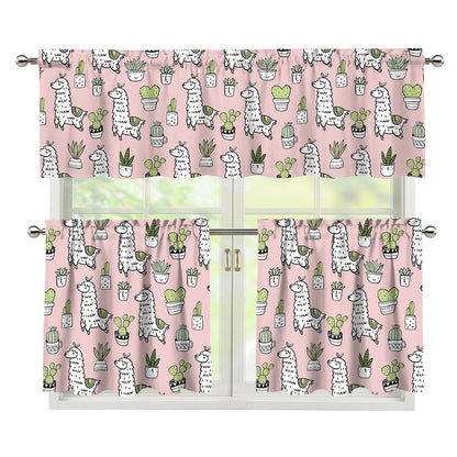 Cartoon Cactus And Llama Pattern Print 3 Piece Kitchen Curtains