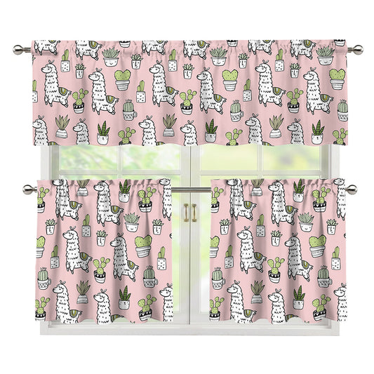 Cartoon Cactus And Llama Pattern Print 3 Piece Kitchen Curtains