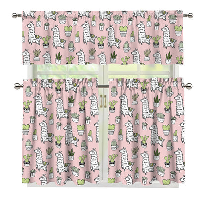 Cartoon Cactus And Llama Pattern Print 3 Piece Kitchen Curtains