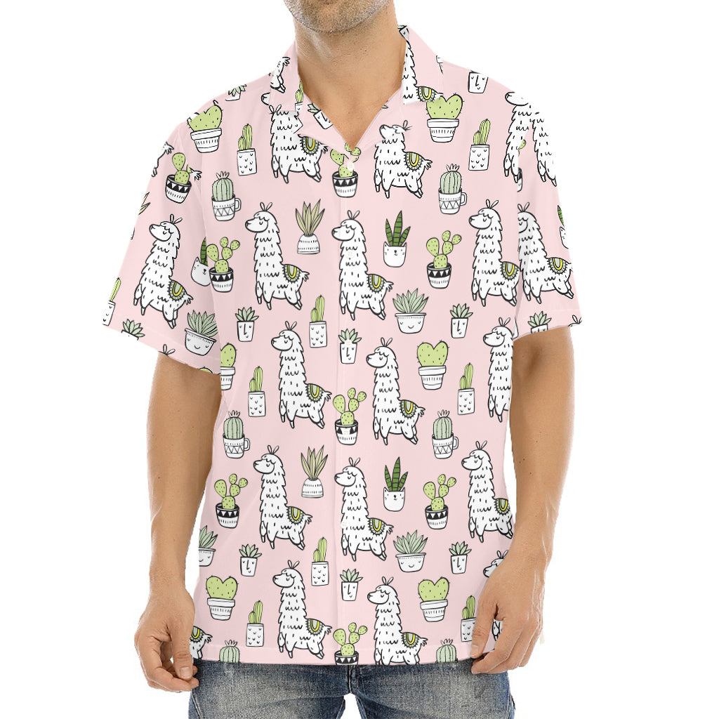 Cartoon Cactus And Llama Pattern Print Aloha Shirt
