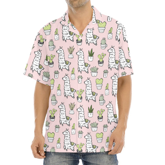 Cartoon Cactus And Llama Pattern Print Aloha Shirt
