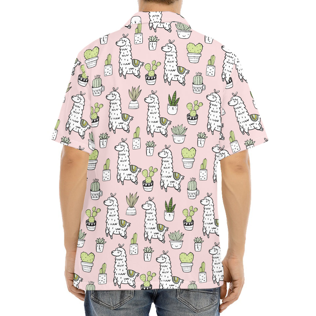 Cartoon Cactus And Llama Pattern Print Aloha Shirt