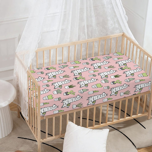 Cartoon Cactus And Llama Pattern Print Baby Crib Sheet