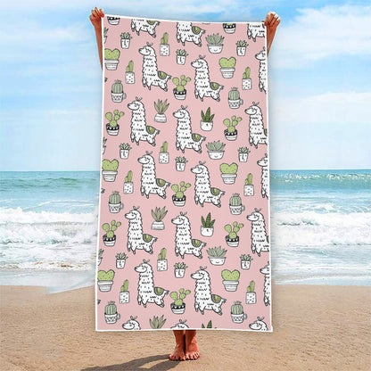 Cartoon Cactus And Llama Pattern Print Beach Towel
