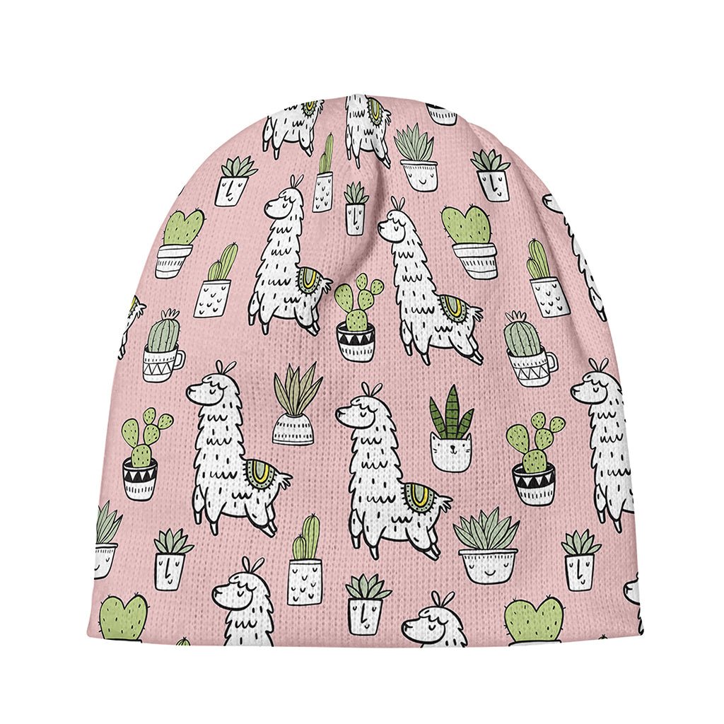 Cartoon Cactus And Llama Pattern Print Beanie