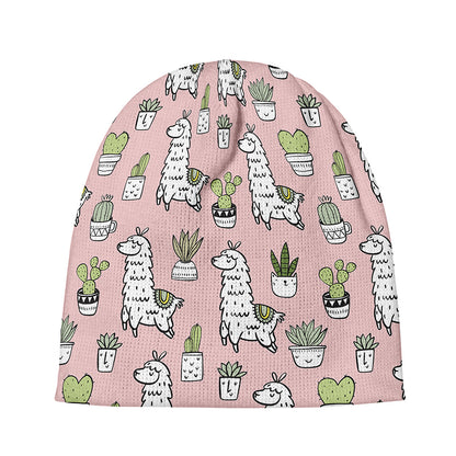 Cartoon Cactus And Llama Pattern Print Beanie