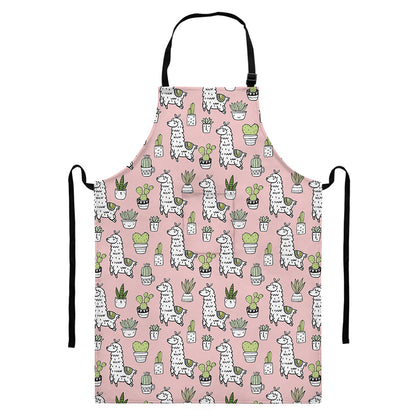 Cartoon Cactus And Llama Pattern Print Bib Apron With Pocket
