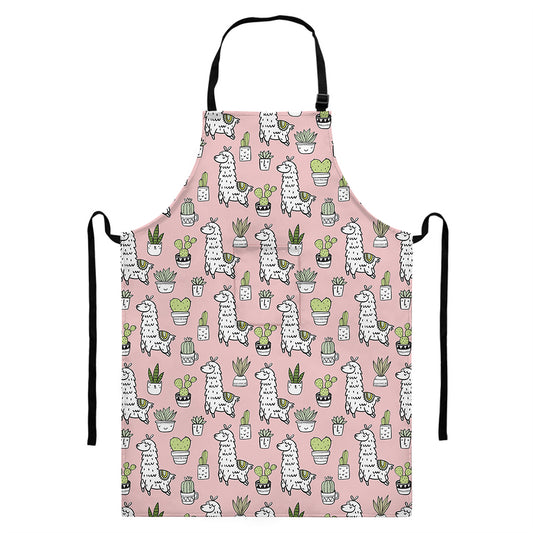 Cartoon Cactus And Llama Pattern Print Bib Apron With Pocket