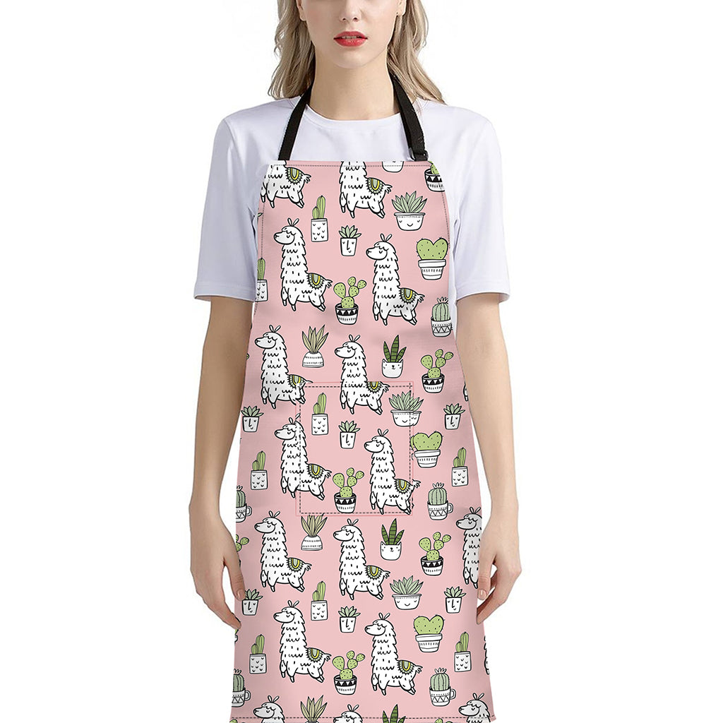 Cartoon Cactus And Llama Pattern Print Bib Apron With Pocket
