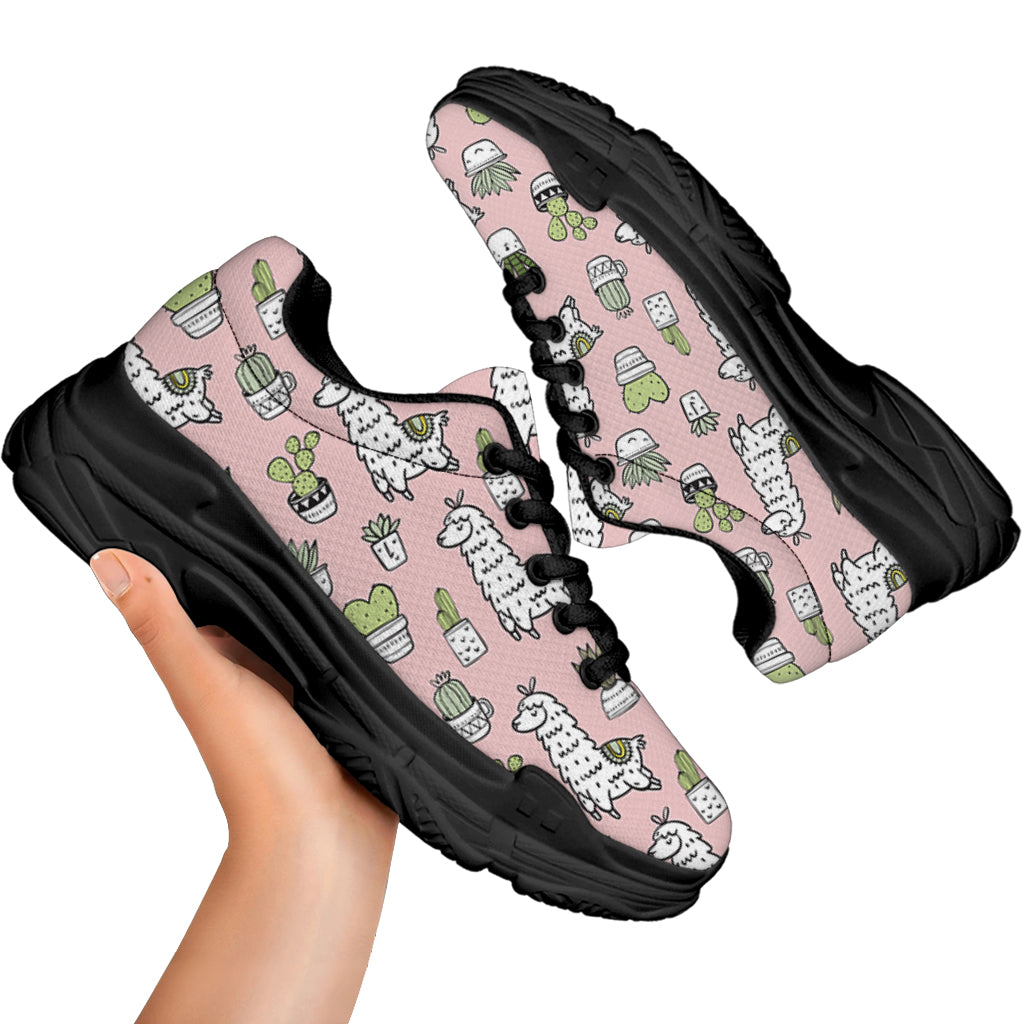 Cartoon Cactus And Llama Pattern Print Black Chunky Shoes