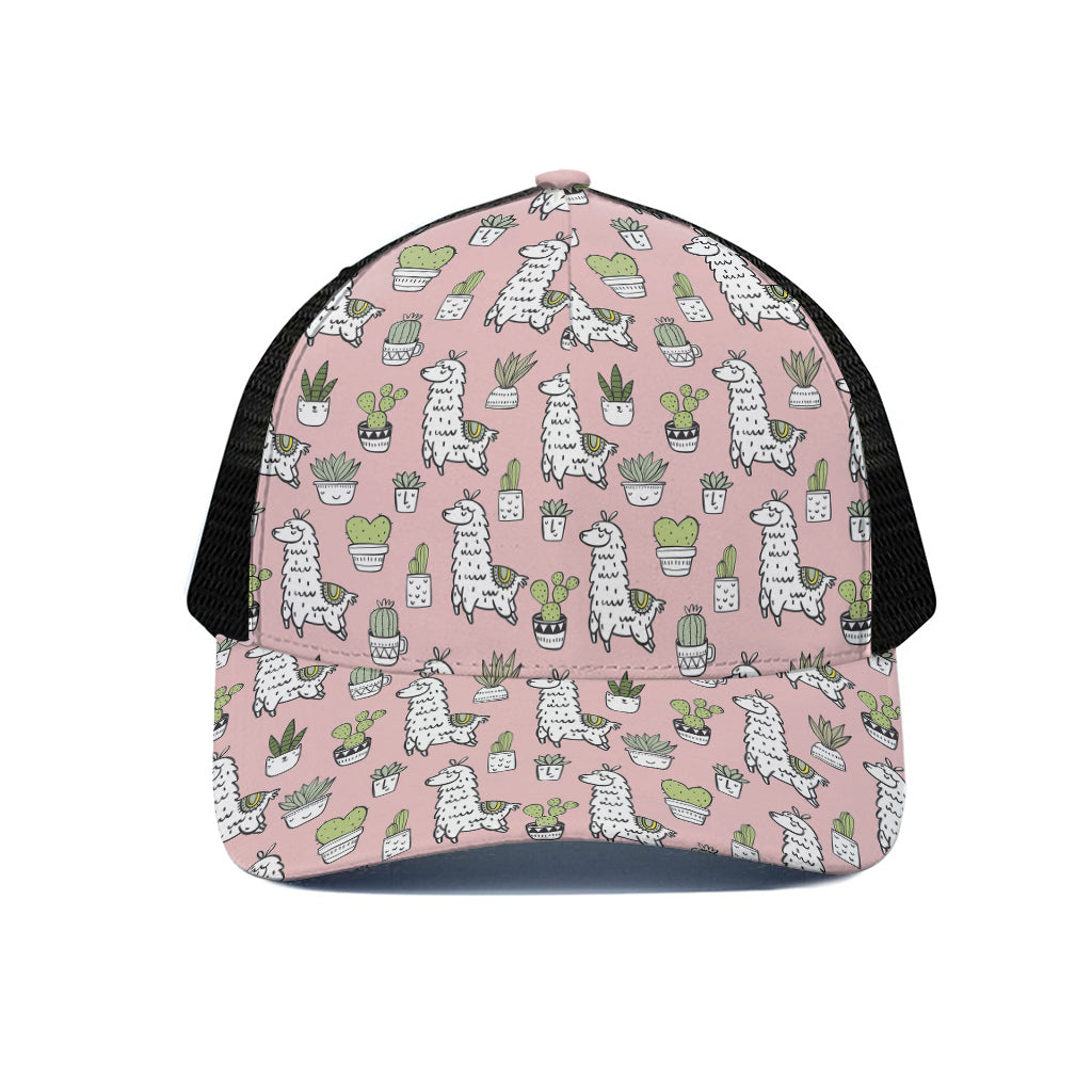 Cartoon Cactus And Llama Pattern Print Black Mesh Trucker Cap