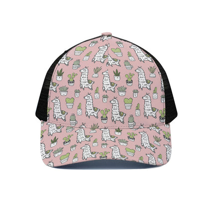 Cartoon Cactus And Llama Pattern Print Black Mesh Trucker Cap
