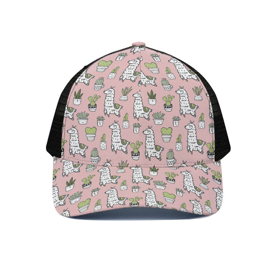 Cartoon Cactus And Llama Pattern Print Black Mesh Trucker Cap