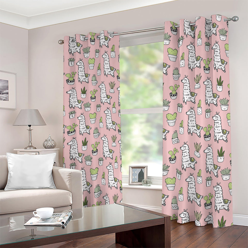 Cartoon Cactus And Llama Pattern Print Blackout Grommet Curtains