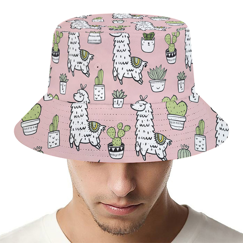 Cartoon Cactus And Llama Pattern Print Bucket Hat